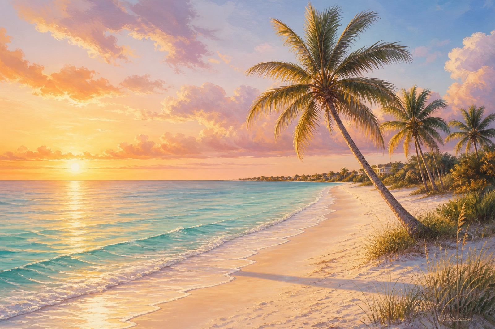 Golden-hour Gulf Coast beach in Southwest Florida with calm turquoise water and palm trees